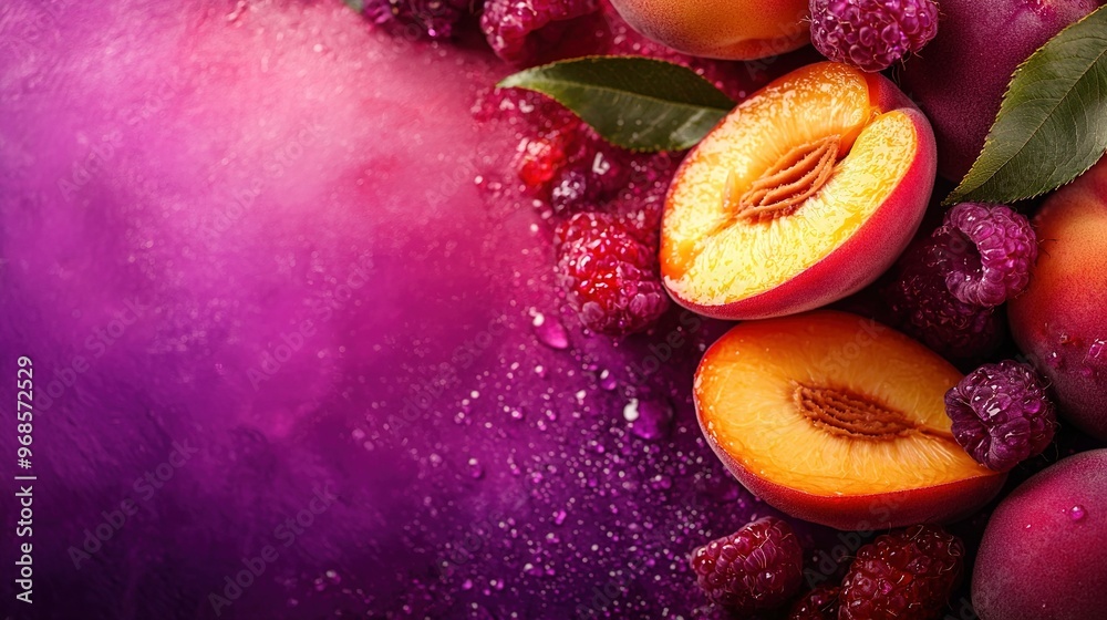 Sticker fruit array on table with water droplets