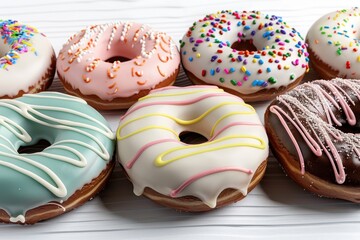 Colorful donuts with various frosted toppings arranged neatly on a white wooden surface, perfect for dessert lovers.