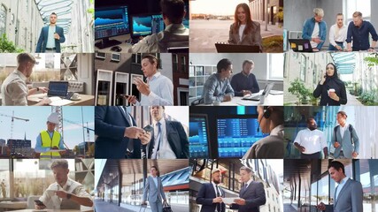 Multi screen business collage made of many different footages with business people working in office or outdoor. Technology, investment, money and teamwork concept. - Powered by Adobe