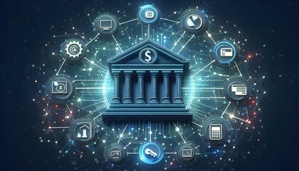 Naklejka premium Digital icon of a bank surrounded by an abstract network of interconnected lines and nodes. 3D Rendering