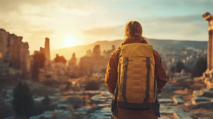 A Traveler hiking past ancient ruins at sunrise inside backpack This ensures that they never miss a moment of discovery.