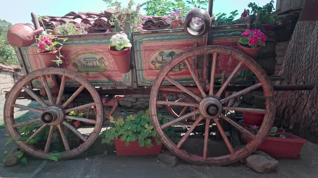 Decorated vintage donkey cart repurposed flower planter display