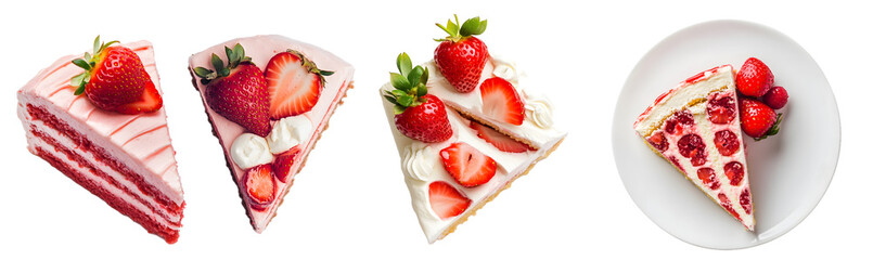 Strawberry cake slice, dessert isolated on a transparent PNG background, white background , cut out, clipping path, Generative Ai