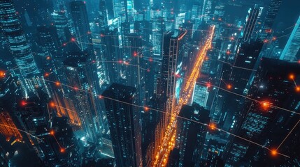 Obraz premium Digital connectivity overlay on a smart cityscape, representing the interconnectedness of technology and community in modern urban life