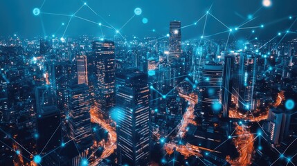 Fototapeta premium Digital connectivity overlay on a smart cityscape, representing the interconnectedness of technology and community in modern urban life