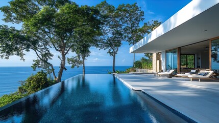 Serene Oceanfront Villa: A Stunning Poster for Relaxation Spaces, Featuring Majestic Trees, Flowing Pool, and Rich Blue Palette – Perfect for Sports Interiors!