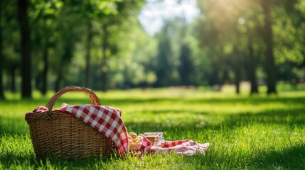 Empty picnic basket and tablecloth on green grass, with a scenic meadow and tree-lined background, ready for an outdoor meal.