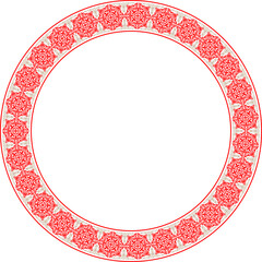 Vector red and gild Ethnic Asia national round frame. Ethnic Asia ornament of the nomadic peoples of Asia, the Great Steppe, Kazakhs, Kirghiz, Kalmyks, Mongols, Turkmens. For sandblaster, embroidery