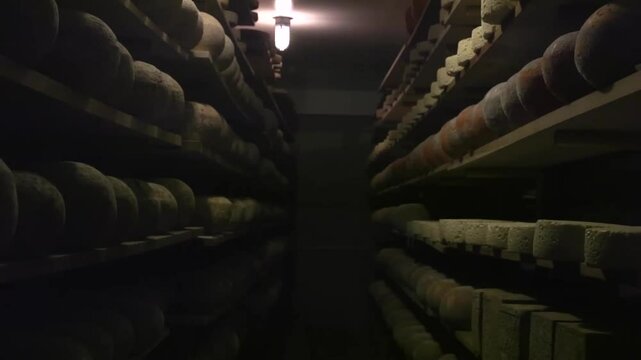 Footage slowly moving ahead in a straight pattern in a room or a storage room full of cheese disks or balls that are dimly lit. Cheese in the making. Food is being stored on wooden shelves, dark room.