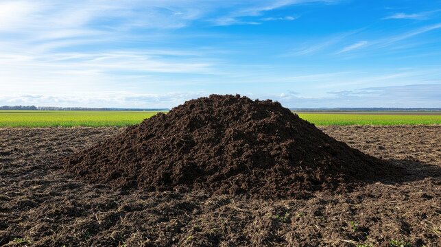 Fertile manure pile on a farm field, waiting to be spread for crop growth, with a clear horizon and blue sky backdrop