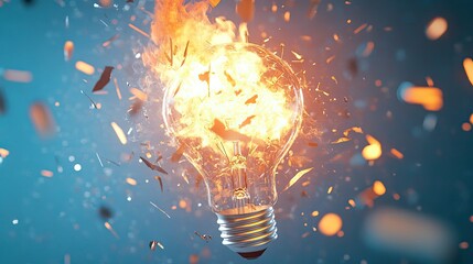 Fiery explosion of a light bulb in mid-burst, with flames and broken glass, rendered in 3D against a cool blue background.