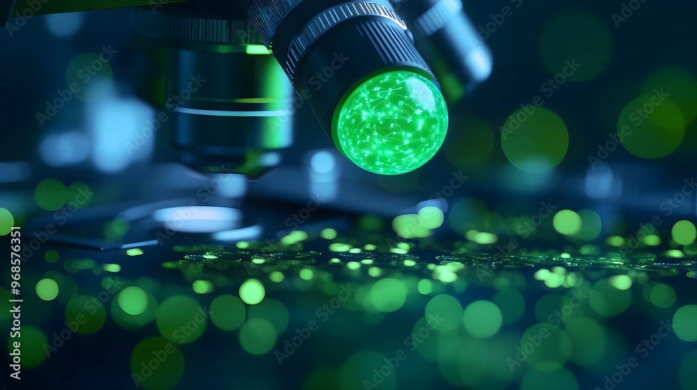 Canvas Prints Green Illuminated Microscope Lens for Science Research