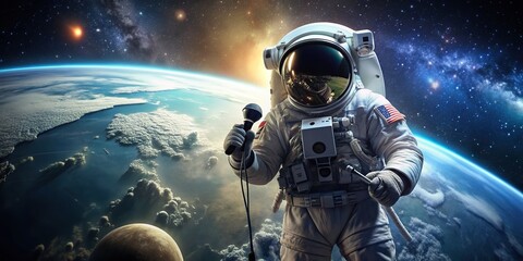 A close up stock photo of an astronaut wearing a space suit holding a microphone with a backdrop of the Earth and Moon in macro view, Moon, Earth, microphone, space suit, backdrop