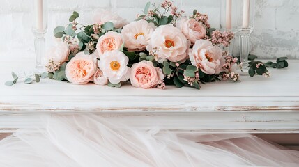   Pink flowers on white table, near candle holder & white brick wall