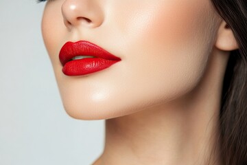 Fototapeta premium Close-up of a woman's lips featuring bold red lipstick, highlighting beauty and elegance in makeup artistry.