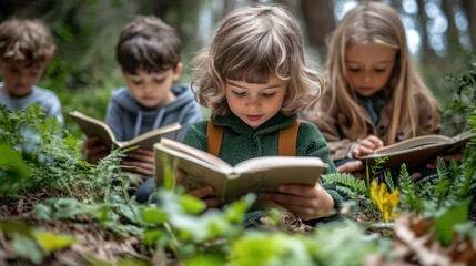 Children learning outdoors, studying plants and animals in the forest, surrounded by the natural world as their classroom