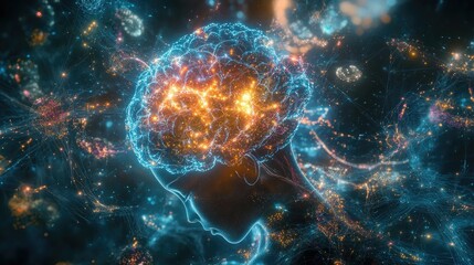 Futuristic representation of a child neural activity, featuring dynamic glowing brainwaves and intricate neural circuits