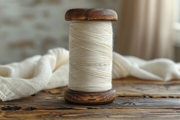 A spool of white thread on a wooden table, with a piece of white fabric draped nearby.