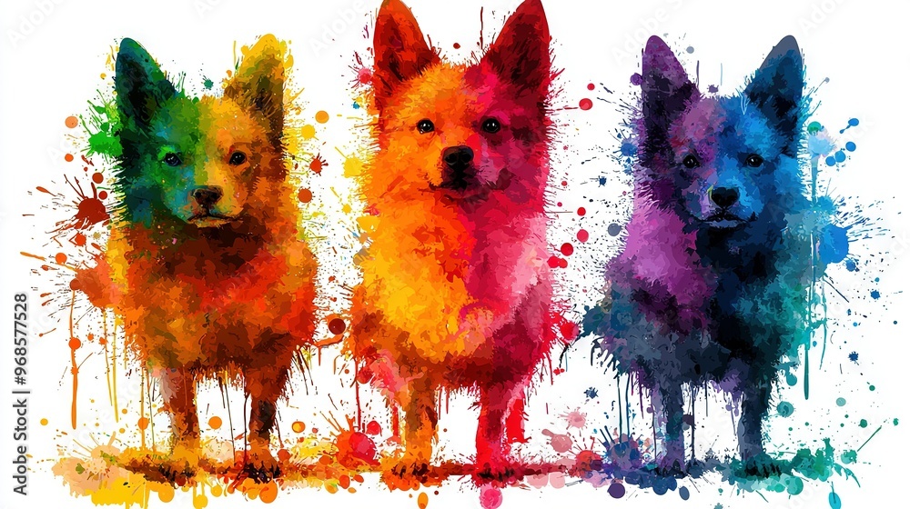 Wall mural three dogs standing together in white background with colorful paint splatters