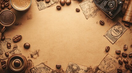 Vintage Coffee and Old Paper with Stamps and Camera