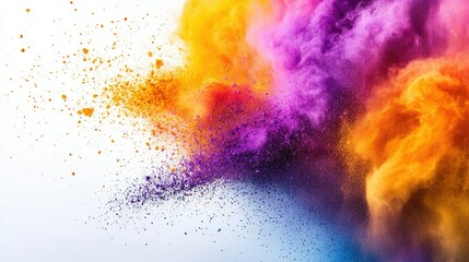 Fototapeta premium Holi powder bursting in yellow, purple, orange, and blue hues, creating an energetic and colorful display against a white backdrop.