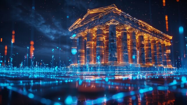 Fototapeta Hologram of an ancient Greek temple with glowing digital connections, dark background, blue neon lights, and a futuristic atmosphere in modern digital art style.