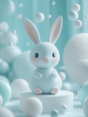 Obraz premium Adorable Blue Bunny Figurine with Soft Pastel Background and Floating Spheres