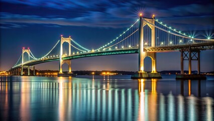 Obraz premium bay, A medium shot of the Claiborne Pell Bridge in the background at night in Newport Rhode Island showcasing the elegant structure illuminated against the dark sky