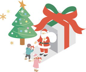 アイソメトリック　クリスマス　サンタクロース　プレゼント　人物　キッズ　イラスト素材