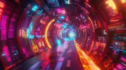Fototapeta premium Lobby with a swirling, colorful portal opening to an otherworldly, fantastical realm, filled with neon lights and cosmic visuals.