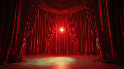 Luxurious stage curtains in red velvet, illuminated by a central spotlight, evoking a classic theater atmosphere.