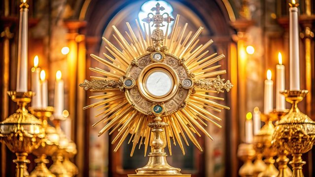 Extreme close up of the Blessed Sacrament adoration in a Catholic Church, religion, prayer, traditional, Catholicism, sacrament, adoration, worship, sacred, altar, religious