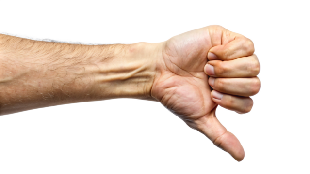 Isolated close-up of hand pressing thumb down