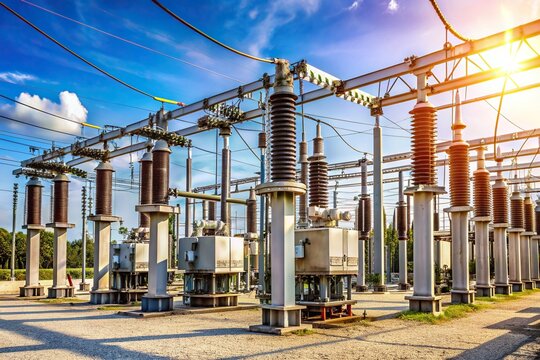 energy, technology, electric power, high voltage, switchgear, industry, infrastructure, Substation with switchgear and transmission transformers for high voltage electric power