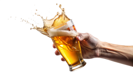 Isolated hand holding a transparent glass of cold, golden beer with a frothy head
