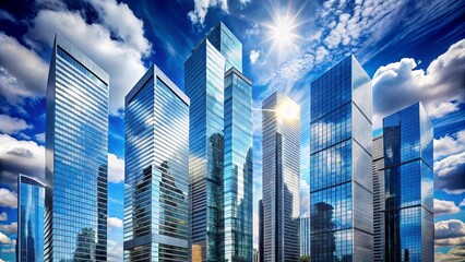 Obraz premium A modern urban skyline with glass skyscrapers reflecting cloudy blue skies