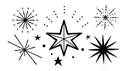 Hand drawn Line star glitter shine of doodle set. Star shine glow, spark glitter, sparkle light vector illustration set white backgroundv