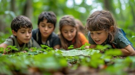 Kids engaged in nature learning, identifying plants and animals in the forest, expanding their knowledge of the environment