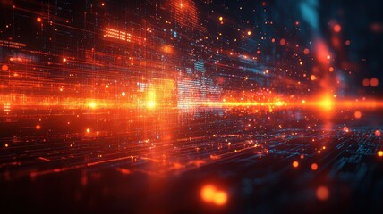 Obraz premium Abstract digital landscape with glowing lines and particles.