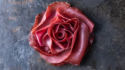 Top view of meat rose for a charcuterie board made from slices of bresaola air dried salted beef cold cut