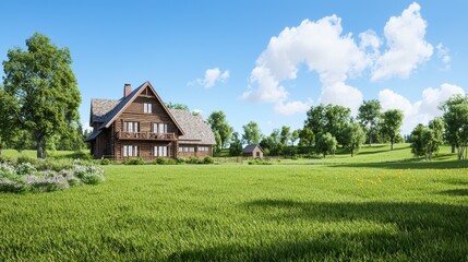 Obraz premium Charming countryside house with vast green lawn under blue sky