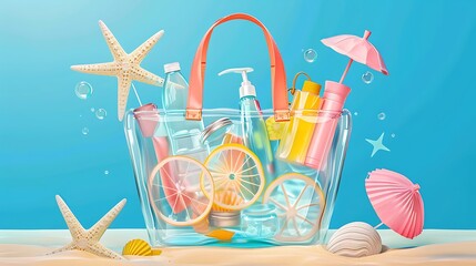 Transparent beach bag with necessary things for beach fun