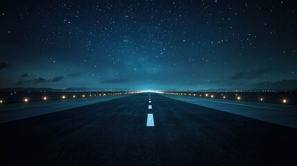 Nighttime runway with dark asphalt, illuminated by soft lights in the distance, under a starry night sky, evoking a sense of mystery