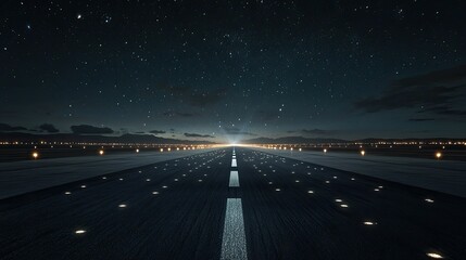 Nighttime runway with dark asphalt, illuminated by soft lights in the distance, under a starry night sky, evoking a sense of mystery