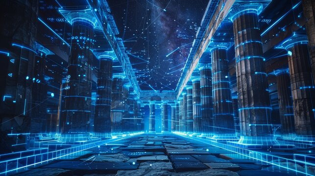 Hologram of an ancient Greek temple surrounded by glowing digital connections, set against a dark background with blue neon lights, blending modern technology with historical history.