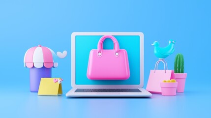Fototapeta premium Colorful E-commerce Shopping Scene with Floating Pink Bag