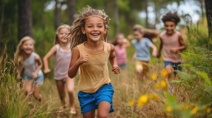 Obraz premium Kids running through the forest, playing tag, laughing, and enjoying the freedom of outdoor play surrounded by nature