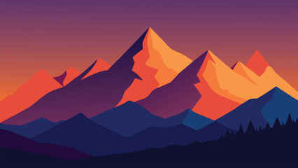  Vibrant display of with majestic mountains rising in the background under a clear sky, flat vector illustration.