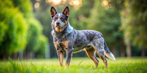 Alert and steadfast, the Australian cattle dog perches on the emerald grass, its rugged features standing out against