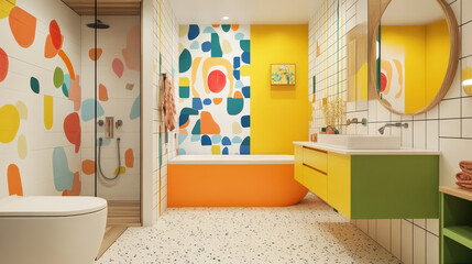 A vibrant bathroom featuring colorful walls, modern fixtures, and playful design elements.